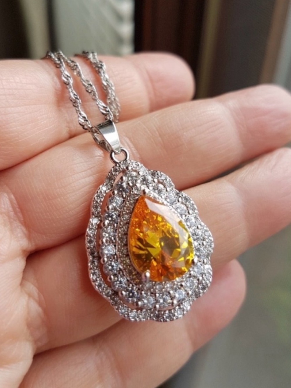 Swarovski Elements 925 Sterling Silver Yellow Citrine Teardrop Necklace NEW